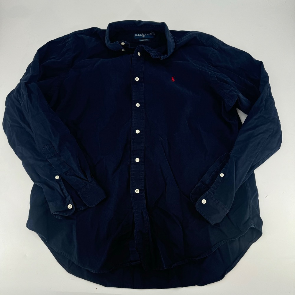 Ralph Lauren Mens XL Navy Blue Corduroy Button Down Classic Fit Shirt